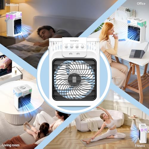 Portable Air Conditioners, 4 in 1 Cooling Fan with 3 Speeds & 3 Mist Modes,1200ml Water Tank, 2-8H Timer, Remote Control, 7 Color Night Light, Quiet Small Air Cooler for Bedrooms Office Car