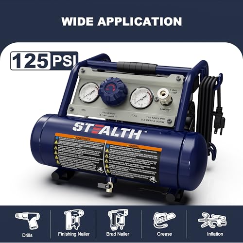 STEALTH Air Compressor 1 Gallon, 1/2HP Max 125 PSI, Induction Motor, 0.8 CFM@90PSI, 1.3 CFM@40PSI, Oil-Free Maintenance Free Light Weight Electric Air Tools for Drilling, Nailing, Grinding, SAUQ-1105 - style: SAUQ-1105-1