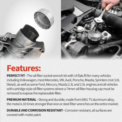 74mm 14 flutes Heavy Duty Oil Filter Wrench, Oil Filter Removal Tool Compatible with Volkswagen, Mercedes Benz, VW, Audi, Porsche, Mazda, Sprinter, Select Mobil1, Bosch and Mahle - style: 74mm 14 flutes