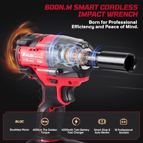 Cordless Impact Wrench1/2 Inch, 600N. M/450Ft-lbs Power Impact Gun Kit - color: Red-600n.m/450ft-lbs