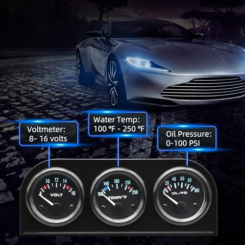 ARTILAURA 52mm Triple Gauge Set (Oil Pressure + Water Temp + Voltmeter) 3 in1 Auto 3 Gauge Cluster kit Dashboard with Black Console for 12V Cars - color: Black