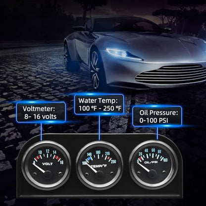 ARTILAURA 52mm Triple Gauge Set (Oil Pressure + Water Temp + Voltmeter) 3 in1 Auto 3 Gauge Cluster kit Dashboard with Black Console for 12V Cars - color: Black