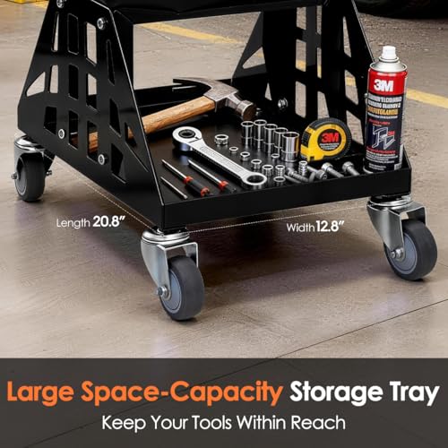 Mechanic Stool 400 LBS Capacity Garage Stool Gift for Men, Heavy Duty Rolling Mechanics Seat, Tools for Automotive Auto Repair (Black) - color: Black