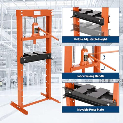 Heavy Duty 12 Ton Hydraulic H-Frame Shop Press, Adjustable Height - color: Orange|With Dust Cover|12T