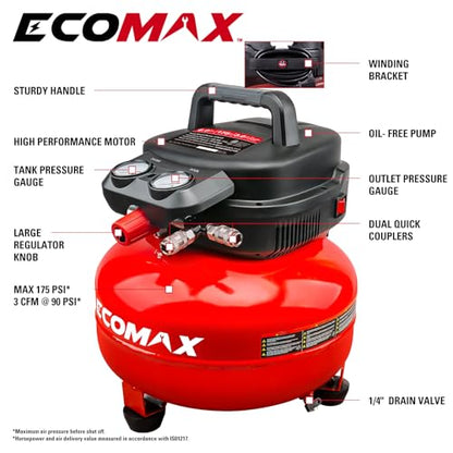 ECOMAX 6 Gal Pancake Air Compressor 175PSI, 3 CFM @ 90 PSI w/25 FT Air Hose - style: Air Hose