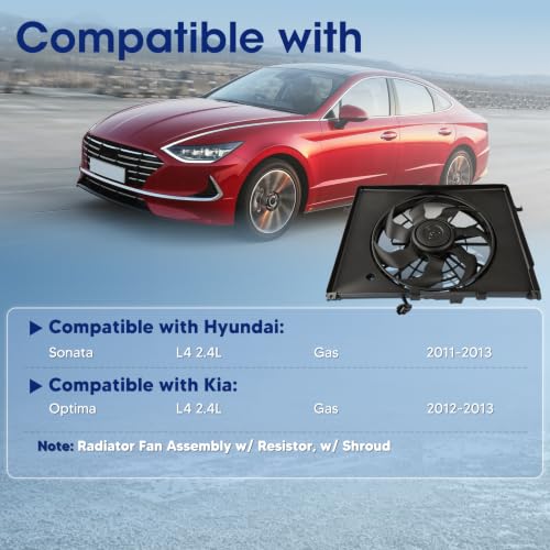 Engine Cooling Radiator Fan Assembly Fit for Hyundai Sonata 2011-2013 L4 2.4L, Kia Optima 2012-2013 L4 2.4L, Reference Number 621-477, 622630, 253803Q170, 253803R170, 253803R610, KI3115136 - size: 621-477, 622630