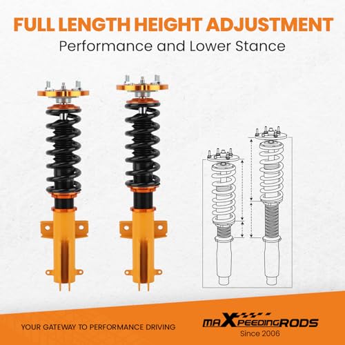maXpeedingrods Coilovers for Ford Mustang 2005-2014, 24 Levels Damping Adjustable Coilovers Suspension Kit, Height Adjustable Shock Absorber Struts, Coilover Lowering Kit, Gold - color: Gold