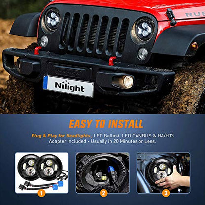 Nilight 2PCS 7 Inch Round Cree Headlight High Low Beam for Wrangler JK TJ CJ 1997-2017 Rubicon Sahara Hummber H1 H2 Motorbikes - color: JK Headlight White 2Pcs