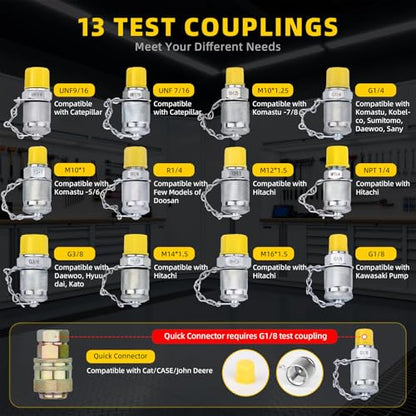Hydraulic Pressure Test Kit, 5 Gauges 10/100/250/400/600bar, 13 Test Couplings & 14 Tees, Hydraulic Test Kit Compatible with CAT, John Deere, Komatsu, Hitachi, Kobelco Excavators & Loaders - style: 5 Gauges 13 Couplings