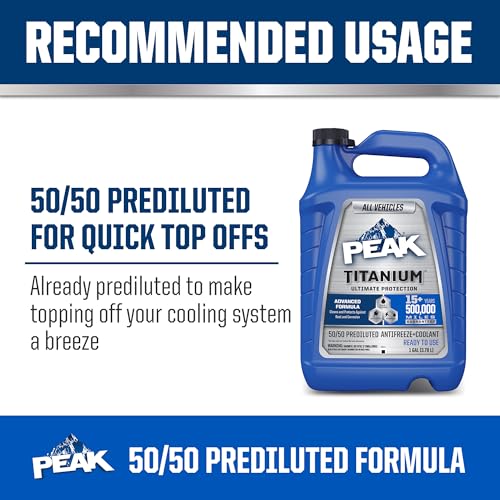 PEAK Titanium 50/50 Prediluted Antifreeze and Coolant for All Engine Cooling Systems, Long-Lasting Yellow Engine Coolant/Antifreeze for Lifetime Engine Protection in All Vehicles, 1 Gal. - style: 50/50