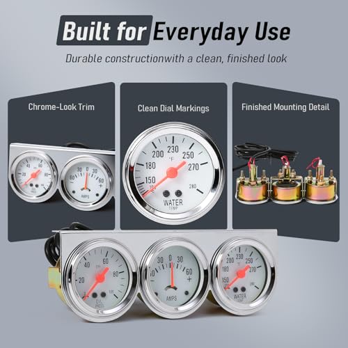 2" 52mm Triple Gauge Set, 3-in-1 Gauge Kit with Oil Pressure, Water Temperature & AMP Gauges, Backlit Dial, Universal for Most 12V Vehicles - style: Oil Press.+Ammeter+Water Temp.