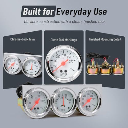 2" 52mm Triple Gauge Set, 3-in-1 Gauge Kit with Oil Pressure, Water Temperature & AMP Gauges, Backlit Dial, Universal for Most 12V Vehicles - style: Oil Press.+Ammeter+Water Temp.