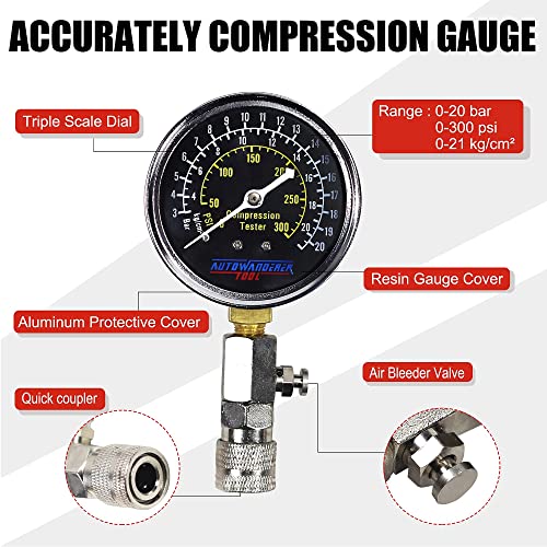 AutoWandererTool 8Pcs Compression Tester for Motor Car Truck,Easy Reading - size: Gauge Set without Spark Plug Tester