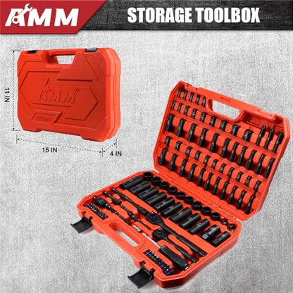 AMM 123Pcs Impact socket set，1/4”3/8”Drive Deep&Shallow Socket wrench set，6 Point Metric&Standard Full 5/32"-3/4"，4-22mm with Spark plug sockets，72T Ratchet handle，Screwdrivers，for Automotive&Home