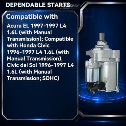 31200P2C004 17587N Starter Motor for 1996-1997 Honda Civic, 1996-1997 Civic del Sol & 1997 Acura EL, L4 1.6L, Manual Transmission Only, 12V 1.0KW 9 Teeth CW - size: 31200P2C004