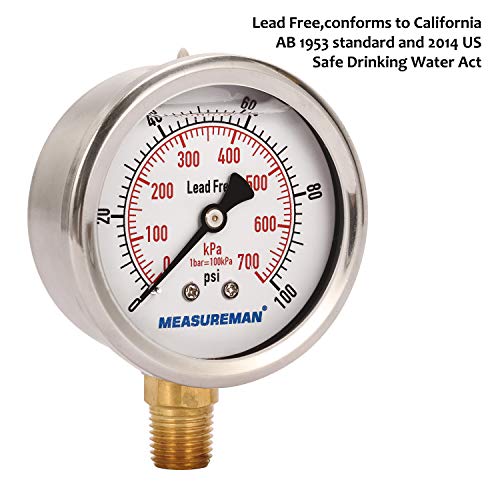 MEASUREMAN Lead-Free Pressure Gauge, 2-1/2inch Dial, Glycerin Filled, 0-100psi/kpa, Stainless Steel Case, 1/4inchNPT Lower Mount - size: 0-100 psi, style: Lower Mount(Lead-Free)