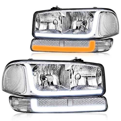 LED DRL Headlights Fit 1999-2007 GMC Sierra 1500/2001-2007 GMC Sierra 1500HD 2500HD 3500 (Only Fits 07 Classic Models,Not Fit All Denali Trims), Fit 99-06 Yukon Chrome Housing Clear Reflector - color: Chrome Housing Clear Reflector