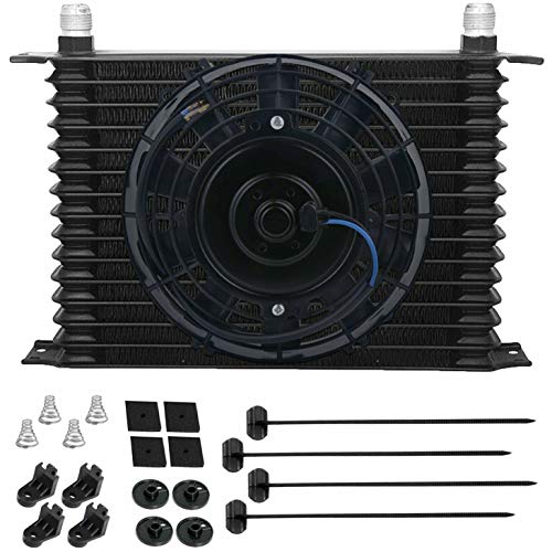 15 Row Black Aluminum Bolt-On Automotive Engine Heavy Duty Towing Transmission Oil Cooler 6AN in-Line Hose 8 Inch 90w Electric Cooling Fan Kit