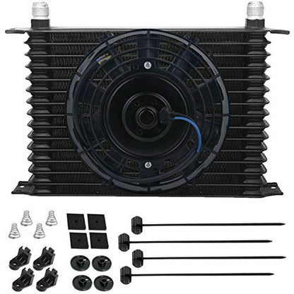 15 Row Black Aluminum Bolt-On Automotive Engine Heavy Duty Towing Transmission Oil Cooler 6AN in-Line Hose 8 Inch 90w Electric Cooling Fan Kit