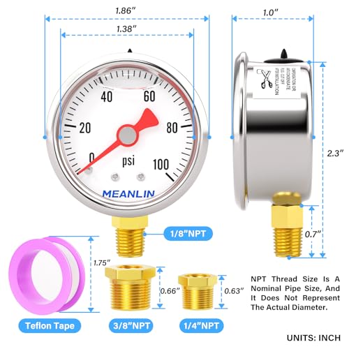 MEANLIN MEASURE 2pcs 0~100Psi Stainless Steel Liquid Filled, 1/8" NPT 1.5" Glycerin Filled Pressure Gauge, Water Oil Air, Lower Mount, with 1/4" NPT and 3/8" NPT Hex Bushing - size: 0-100Psi