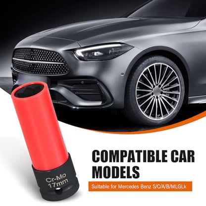 Downhill Car Lug Nut Socket, 0.66"/17mm 1/2" Drive Lug Nut Protective Socket, Anti-theft Screw Removal and Installation Socket Tool, Compatible with Mercedes Benz S/C/A/B Class (Red and Black)