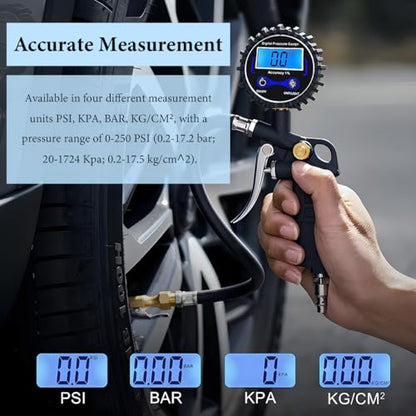 Digital Tire Pressure Gauge with Inflator, 250 PSI Tire Gauge with 360° Air Chuck Air Compressor Accessories, Heavy Duty Inflator Gauges with Quick Connect Coupler & Extended Hose