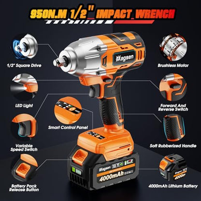 Cordless Impact Wrench 700 FT-LBS(950N.m) 1/2 Impact Gun High Torque Electric Impact Driver Cordless Impact Wrench with 21V 2x4.0Ah Battery 6 Sockets&Case for Home Car Tire Lug Nut Removal Tool