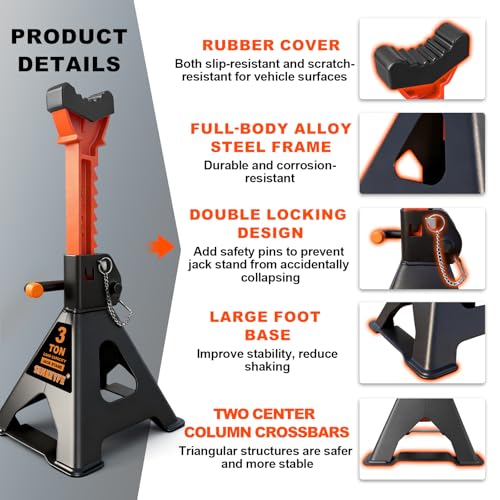 3 Ton (6,600 LBs) Jack Stands with Crossbars,Double Pin Locking,Rubber Cover,Large Foot Base,12"-16" Adjustable Height,Heavy Duty Car Jack Stands,Lifting SUV,MPV,Pickup Truck,ATV/UTV,2 Pack - color: orange-upgraded, size: 3ton Load Capacity