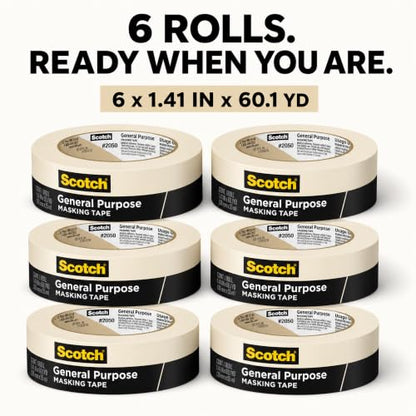 Scotch General Purpose Masking Tape, Tan, 1.41 in x 60.1 yd, 6 Rolls - size: 1.41 inches x 60.1 yards, 6 Rolls