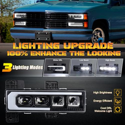 LED Headlight Assembly with DRL Compatible with 1988-1998 Chevy GMC