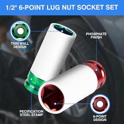 1/2" Drive Wheel Protector Impact Socket, Metric 15-17-19-21-22 mm (5 PCS) - size: 1/2" Color Impact Sockets 5pcs