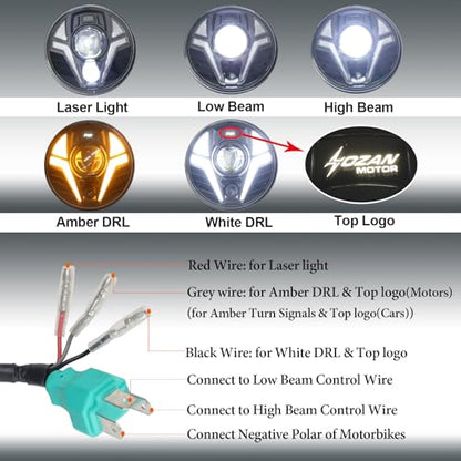 7" Round Headlight with Laser, White/Amber DRL - color: White/Amber DRL
