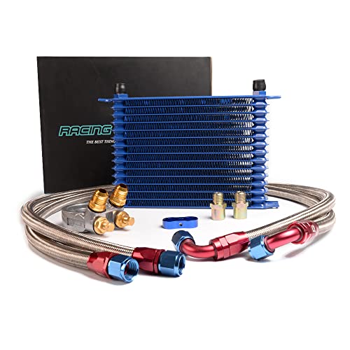 PIT66 Universal AN10 Engine Transmission Oil Cooler Kit Compatible with Japanese Model Blue 15 Row Aluminum with Filter Thermostat Adapter Kit C Set 1 - color: Blue, size: 15 Row Japanese Model-C Set 1