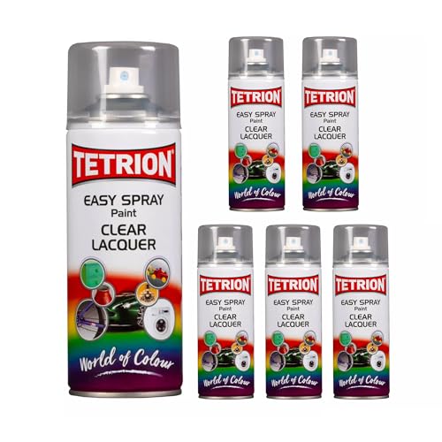 Tetrion Easy Spray Paint - Clear Lacquer 400ml (Pack of 6) - Acrylic Clear Coat Spray for Wood, Metal, Plastic, Ceramic & More - Easy to Use, Durable Finish,Indoor & Outdoor Use, 13.5 Oz - color: Clear Lacquer, size: 13.53 Ounce (Pack of 6)