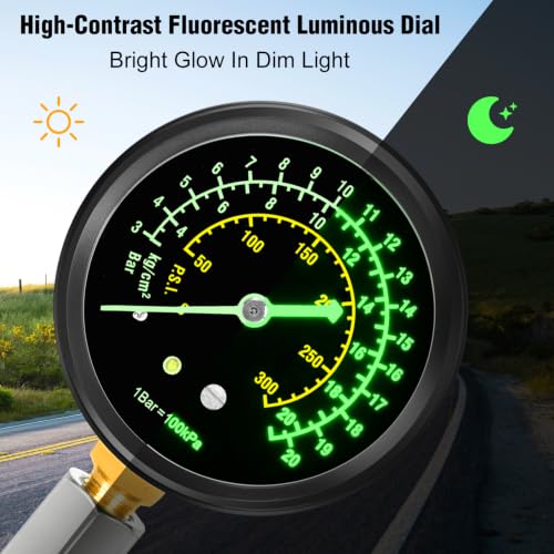 BETOOLL 13PCS Compression Tester Kit with Fluorescent 300PSI Triple-Scale Gauge & 2 Spark Plug Testers, Automotive Engine Cylinder Pressure Gauge for Gas Car Truck ATV Small Engines - size: Fluorescent 300PSI