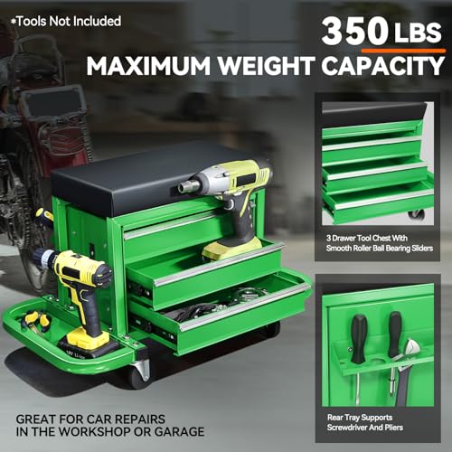 PM PERFORMOTOR 3-Drawer Tool Chest Rolling Mechanic Seat with Tool Trays,350lbs Max Weight Capacity, Green,PM-TOL-RST1-GR - color: Green