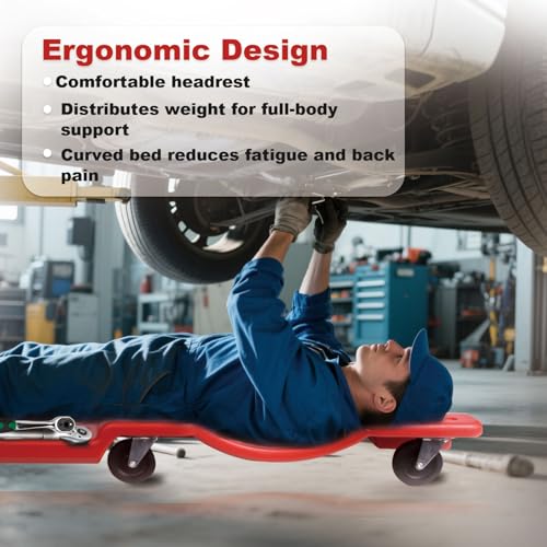 Mechanic Creeper 40 Inch - Heavy Duty 500 lbs Low Profile - Rolling Car Creeper with Padded Headrest, Dual Tool Trays, 6 Swivel Casters - Under Car Automotive Garage Creeper for Auto Repair, Red