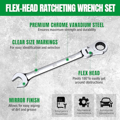 SK Flex Head Ratcheting Wrench Set, SAE 3/8"-3/4", Metric 10-19mm, 14-Piece