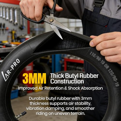 AR-PRO (2-Pack) 110/90-19 & 120/90-19 Heavy-Duty Motorcycle Inner Tubes, 3mm Thick Butyl Rubber Tubes, TR4 Valve Stem, Fits Off-Road, Motocross & Dirt Bike Tires - size: 110/90-19" (4.50 x 19), TR4 Valve