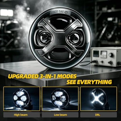 5.75 5-3/4 LED Headlight, White X-Style DRL Motorcycle Projector Headlamp Fits Harley Sportster Iron 883, Dyna Street Bob, Indian Scout Bobber - Super Bright High Low Beam Upgrade, Plug & Play - color: 5.75 Inch White X DRL