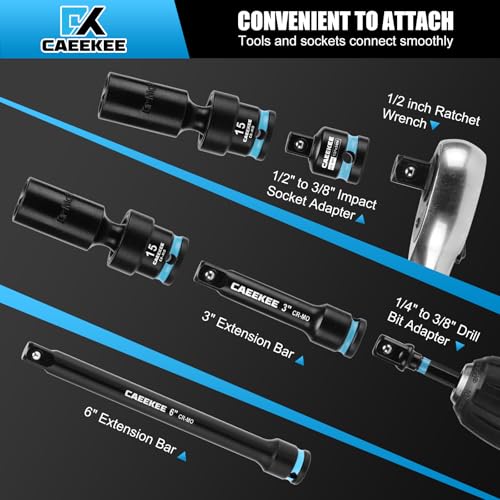 3/8" Drive Deep Universal Impact Socket Set, 14-Piece Swivel Socket Set, Cr-Mo, 6 Point, Metric(10-19mm), Flexible Wobble Socket Set, Includes Extension Bars and Adapters