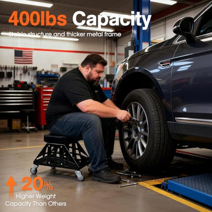 Mechanic Stool 400 LBS Capacity Garage Stool Gift for Men, Heavy Duty Rolling Mechanics Seat, Tools for Automotive Auto Repair (Black) - color: Black