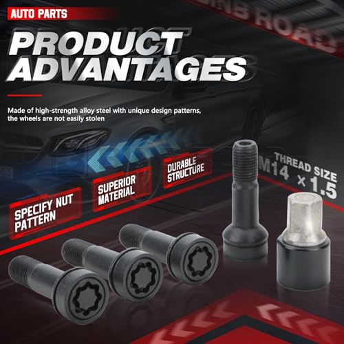 Lockable Wheel Bolt Rim Locks M14 X 1.5 Compatible with Mercedes-Benz AMG C300 E300 E350 S450 GLC300 CLS450 C43 C63 S GLC43 S63 S65 (Replaces 0019901707 A0019901707) - color: Long Screw
