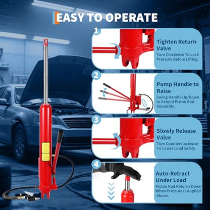 8 Ton Hydraulic Engine Hoist Cylinder with Clevis Base & Air Pump, Heavy Duty Long Ram Jack for Engine Hoists, Shop Cranes, Garage Lifts