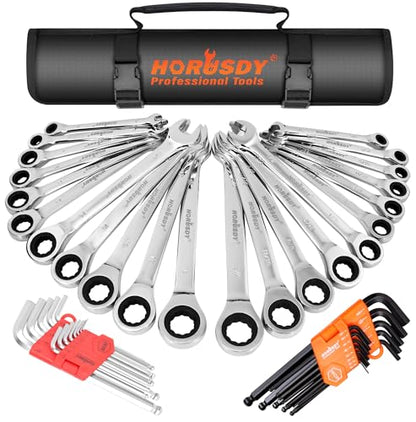 HORUSDY 48-Piece Ratcheting Wrench Set, Metric 6-18mm & SAE 1/4-3/4", Cr-V Steel 72 Teeth Ratchet Wrench with Roll Up Pouch and Hex Keys - style: 48pcs Metric&SAE Ratchet Wrench Set