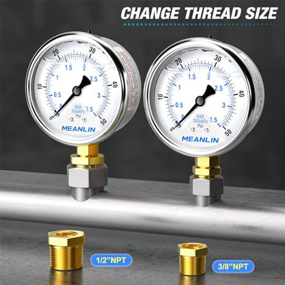 MEANLIN MEASURE 0~50Psi Stainless Steel 1/4" NPT 2.5" FACE DIAL Liquid Filled Pressure Gauge WOG Water Oil Air Lower Mount, with 1/2" NPT and 3/8" NPT Hex Bushing - size: 0-50Psi