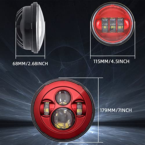 SKTYANTS 7" 7 Inch LED Red Motorcycle Headlight Red 4.5 Inch Round Passing Fog Lights Compatible with Tourng Street Electra Glide Road king Classic - color: 7+4.5inchs