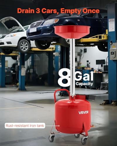 VEVOR 8 Gallon Waste Oil Drain Tank, Industrial Fluid Drain Tank with Adjustable Funnel Height, Portable Oil Drainer with Wheels & Toolbox, Fluid Fuel Transfer Drainage for Auto Repair Shops, Red - size: 8 Gallon