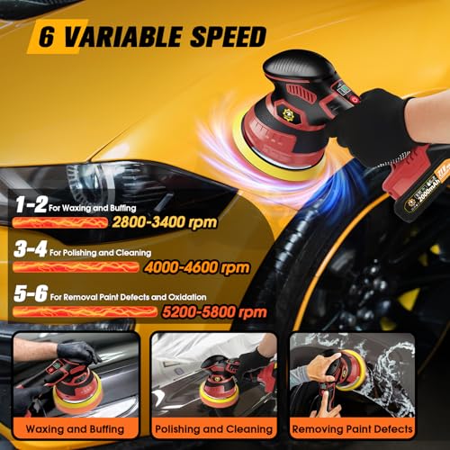 Cordless Car Buffer Polisher kit, DA Polisher with 2*21V Batteries - color: Red