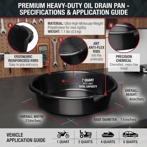 Oil Drain Pan 7-Quart Waste Automotive Fluid Change Container with Built-in Scale, Leak-Proof Spout and Splash Guard for Easy Car Maintenance
